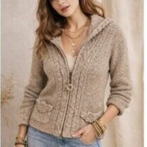 Anthro Sleeping On Snow Crochet Cable Knit Wool Blend Front Zip Hooded Sweater